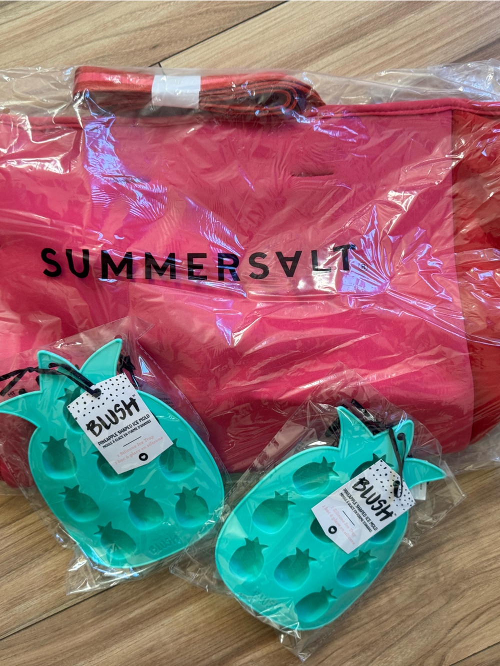 summersalt Pink Tote Bag with Teal Pineapple Ice Molds